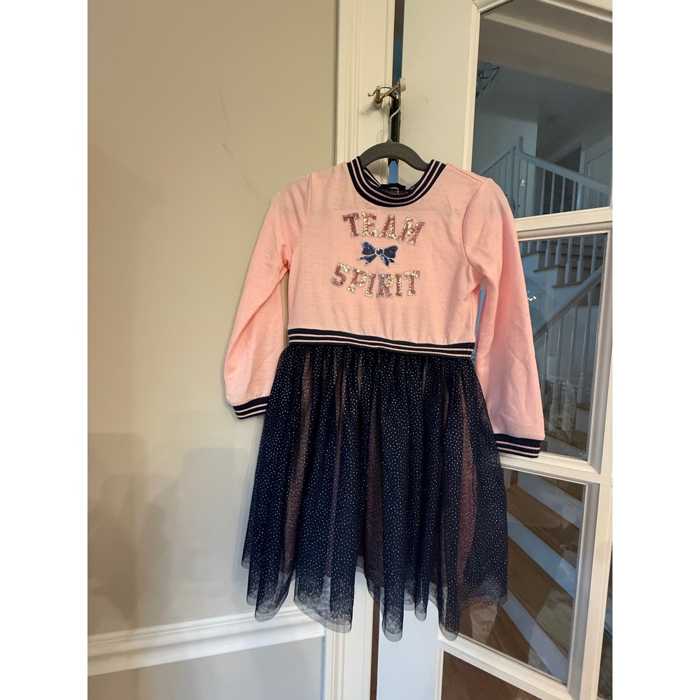 Zunie Girls Team Spirit Pink Sequin Navy Tulle Polka Dot Dress Size 6 NWOT